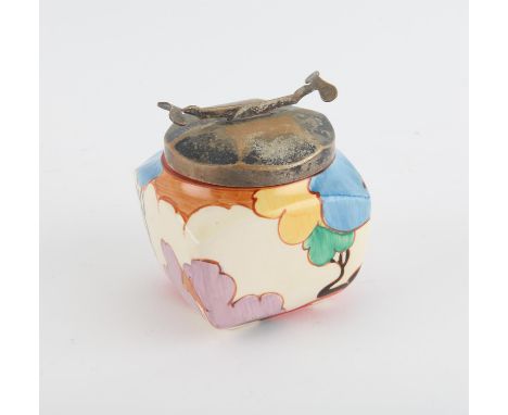 Bizarre by Clarice Cliff Wilkinson Pottery Blue Autumn sugar cube box, with integrated sugar tong lid, stylised tree design, 