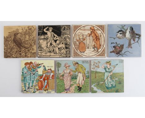 Mintons and others transfer printed tiles, including three Walter Crane 'A Baby's Opera' nursery rhyme tiles, another Randolp