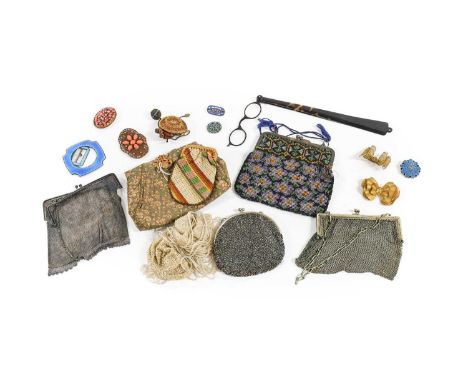 Early 20th Century Evening Bags and Accessories, comprising two plated mesh purses, another with a cut steel bead front, a be