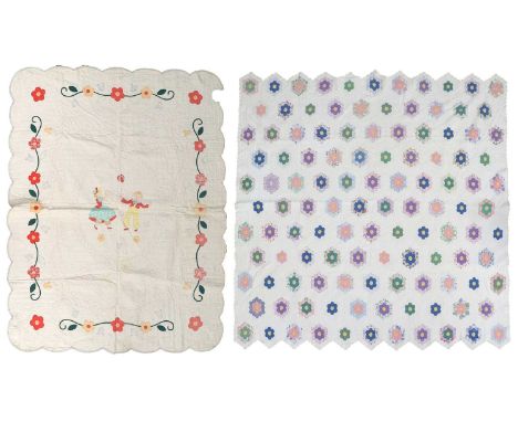 20th Century American White Cotton Patchwork Quilt constructed from hexagons with colourful hexagonal flower heads, white to 