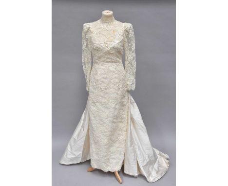 Circa 1990s Wizard of Gos, High Street Kensington London Ivory Lace Mounted Wedding Dress, with long sleeves, high neck over 