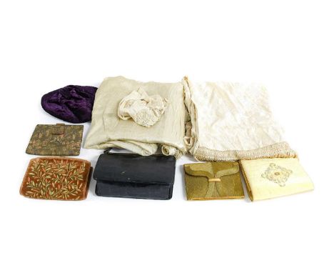 Early 20th Century Costume Accessories comprising a French peach velvet embroidered clutch bag with gilt metal hinged mount, 