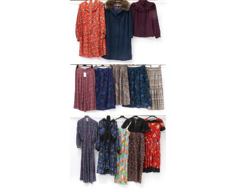 Assorted Circa 1970s and Later Ladies Clothing, comprising a Kanga Collection blue long dress printed with a pink, blue and g