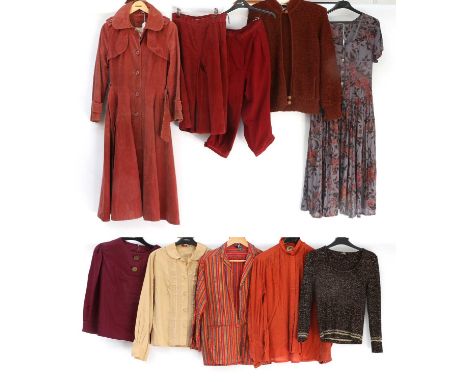 Circa 1970s Ladies Costume, comprising 4Seasons rust coloured corduroy shirt dress with collar, buttons down the front, pocke