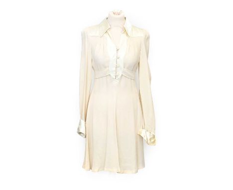 Ossie Clark for Radley Cream Moss Crepe Mini Dress, with long sleeves, mounted with cream satin type fabric to the collar, sh