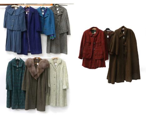 Circa 1950s Wool Coats and Other Items, comprising a loden green wool coat with fox fur trimmed collar, brown wool long sleev