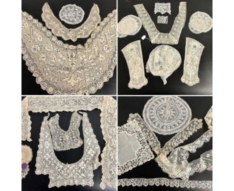 Cotton and Silk Maltese Lace comprising four collars of various sizes, a decorative stole 18cm by 200cm, pair of white engage