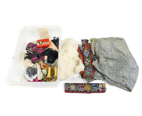Assorted 19th Century and Later Beadwork, Embroidery and Other Items comprising a lamp shade trim with bead fringing, printed