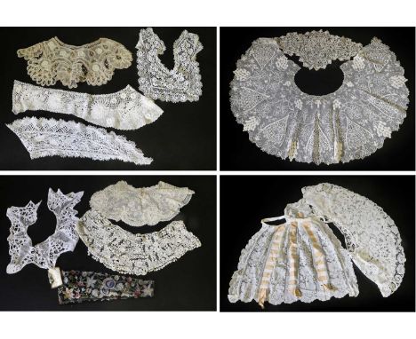 Assorted Mainly Early 20th Century Lace, comprising a lace and ribbon threaded apron,various deep collars including an embroi