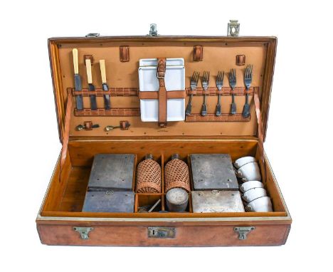 Early 20th Century Leather Cased Picnic Set, patent number '29308', comprising a fitted interior with four hinged tins, two g