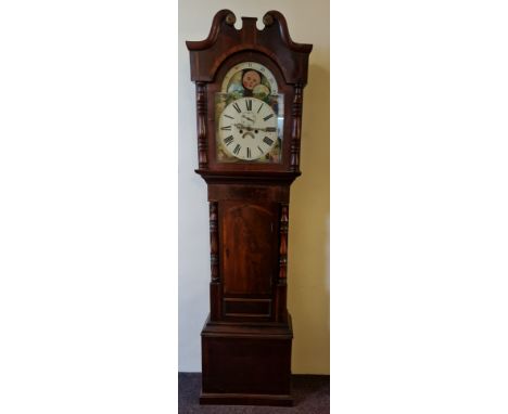 An oak and mahogany long cased moon phase clock, approx. height 220cm. IMPORTANT: Online viewing and bidding only. Collection