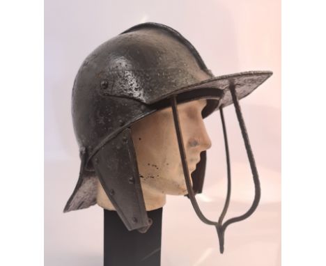 English Civil War period c.1644 Harquebusier's lobster pot helmet with triple bar face guard, cheek pieces and comb on the sk