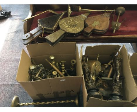 Two boxes of various items to include bellows, brassware, copper, fireside set, iron stand, candlestick holder, etc. IMPORTAN