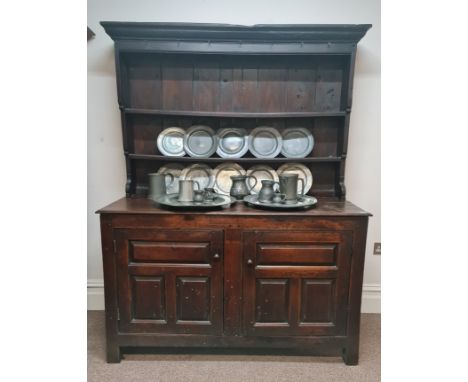 18th century oak dresser with raised shelf back above two door cupboard base, H183cm x W148cm x D55cm. IMPORTANT: Online view