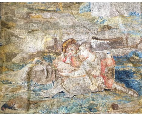 Wool tapestry c.1690 depicting cavalier and lady sitting on the bank of a stream, from Rokeby Park House Yorkshire, wool worn