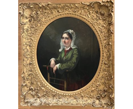 EMMA BROWNLOW (1832-1905) BRITISH. OIL ON CANVAS.“PORTRAIT OF A FOUNDLING GIRL”. SIGNED.MEASURES 34CM X 40CM.CONDITION REPORT