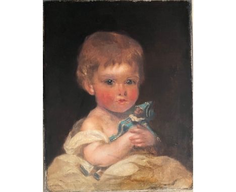 RICHARD BUCKNER (1812-1883) BRITISH. OIL ON CANVAS.“PORTRAIT OF A CHILD HOLDING A TOY”. SIGNED.MEASURES 36CM X 46CMCONDITION 