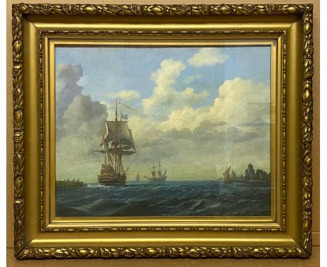 FRAMED OIL ON CANVAS SHIPPING OFF COAST BY P.L. JONES - OIL ON BOARD BY NIELS HANS CHRISTIANSEN - INK WATERCOLOUR OF SHIPPING
