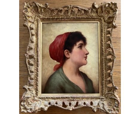 WALTER BLACKMAN (1847-1928) AMERICAN. OIL ON PANEL.“PORTRAIT OF YOUNG LADY WITH RED HEADSCARF”. SIGNED.MEASURES 20CM X 25CM.C