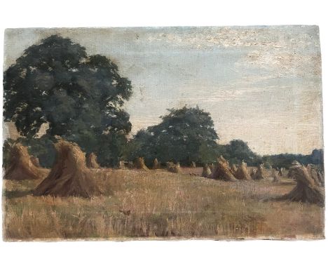 ATTRIBUTED TO ALFRED JAMES MUNNINGS (1878-1959). BRITISH. OIL ON CANVAS. “CORNFIELDS WITH TREES”. INSCRIBED TO REVERSE.MEASUR