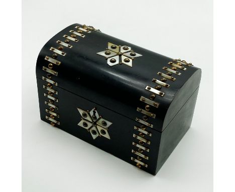 ANTIQUE EBONY TEA CADDY WITH MOTHER OF PEARL AND BRASS STUDS &amp; MOSAIC WOOD BOX WITH INLAYS OF BONE AND MOTHER OF PEARL