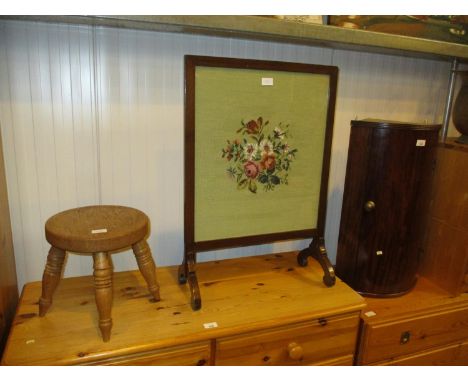 Mahogany Corner Cabinet, Tapestry Fire Screen and a Stool 