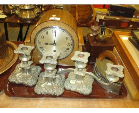 Mantel Clock, Coffee Grinder, Iron and 3 Candlesticks 