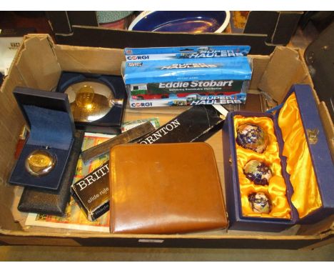 Cased Set of 3 World Globes, Gents Toilet Case, Hip Flask, Corgi Eddie Stobart Lorry etc 
