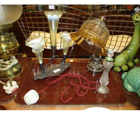 Art Nouveau Silver Plated Table Lamp, an Epergne and Scent Bottle 