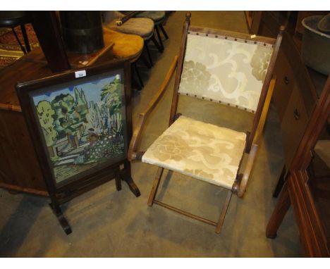 Tapestry Firescreen Table and a Folding Chair 