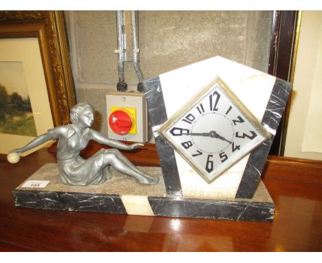 Art Deco Marble and Spelter Figure Mantel Clock, 39cm long, 23cm high 
