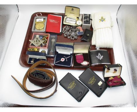 Collection of Masonic Items including a Belt, Socks, Medals, Rings, Hip Flask, Watches, Cuff Links etc 