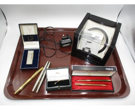 Dunhill Lighter, Parker and Other Pens, Brooch and a Watch Winder 
