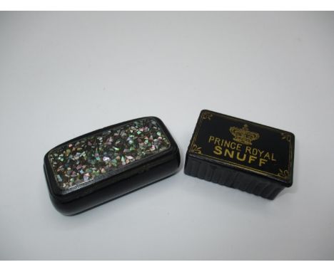 19th Century Papier Mache Prince Royal Snuff Box and Another with Mother of Pearl Inlaid, 5 and 6cm 