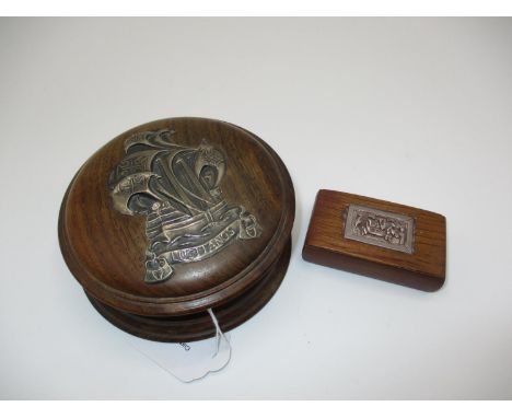 Turned Wood Snuff Box the Lid Applied with a White Metal Galleon Lusitanos, 11cm, along with an Eastern Wood and White Metal 