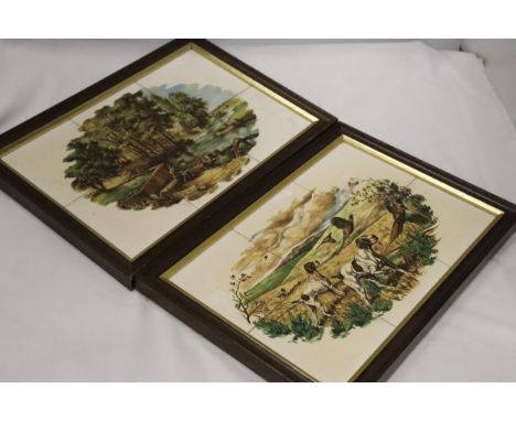 TWO FRAMED SETS OF SIX TILES DEPICTING HUNTING SCENES 