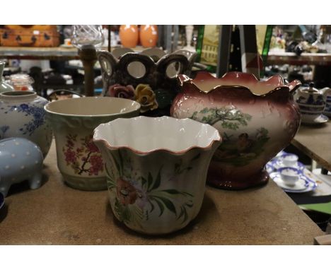 FOUR PLANTERS TO INCLUDE AN ANTIQUE KLM STAFFORDSHIRE ENGLAND PLANTER 