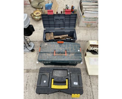 THREE PLASTIC TOOL BOXES WITH AN ASSORTMENT OF TOOLS TO INCLUDE BRACE DRILLS, AN OIL CAN AND MOLE GRIPS ETC 