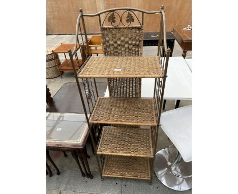 A MODERN WICKER AND METAL FRAME FOUR TIER OPEN DISPLAY SHELF 19" WIDE 