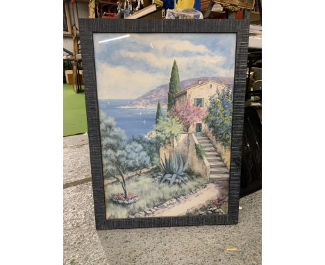 A LARGE PRINT OF A MEDITERRANEAN LANDSCAPE, 57CM X 78CM 