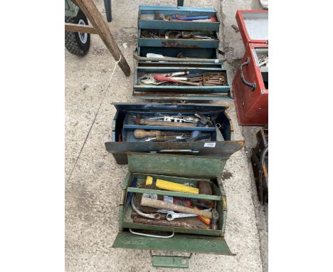 THREE METAL TOOL BOXES WITH AN ASSORTMENT OF TOOLS TO INCLUDE HAMMERS, MOLE GRIPS AND CHISELS ETC 