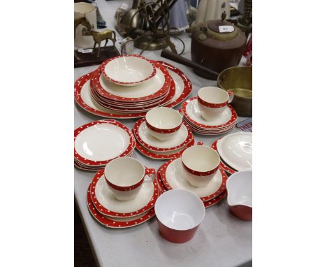 A STYLECRAFT, 'MIDWINTER', STAFFORDSHIRE RED AND WHITE TEASET TO INCLUDE PLATES, CUPS AND SAUCERS PLUS ASSOCIATED CREAM JUG A