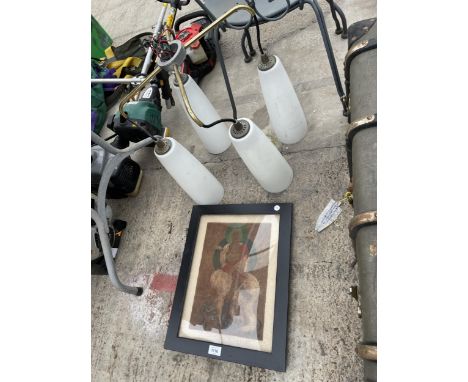 A FOUR BRANCH CIELING LIGHT FITTING AND A FRAMED PRINT 
