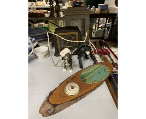 A VINTAGE SMITHS, BAKELITE, ELECTRIC CLOCK, A MANTLE CLOCK, A 'TENBY' BAROMETER AND TWO ANIMALS 