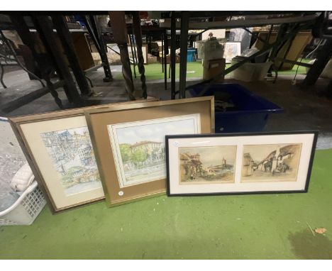 A FRAMED DUO OF PEN AND INK VINTAGE SCENES, SIGNED, A WATERCOLOUR, AND A LIMITED EDITION 15/850 PRINT OF CHESTER, SIGNED KEVI