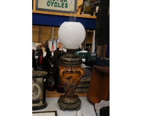 A DOULTON IVORY OIL LAMP WITH WHITE GLASS SHADE AND FUNNEL 