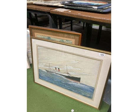 TWO FRAMED PICTURES TO INCLUDE A  WATERCOLOUR OF THE MANXMAN SIGNED AL PARRY 1928 ANMD A PRINT OF FLOWERS IN A FIELD 