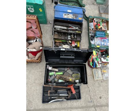 THREE TOOL BOXES WITH AN ASSORTMENT OF TOOLS TO INCLUDE SOCKETS, HAMMERS AND A BRACE DRILL ETC 