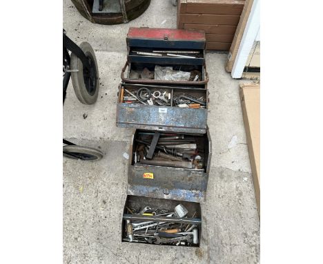 TWO METAL TOOL BOXES WITH AN ASSORTMENT OF SPANNERS AND CHISELS ETC 