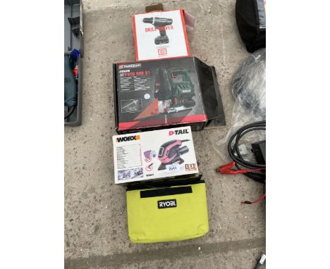 AN ASSORTMENT OF POWER TOOLS TO INCLUDE A PARKSIDE JIGSAW AND A WORX DETAIL SANDER ETC 